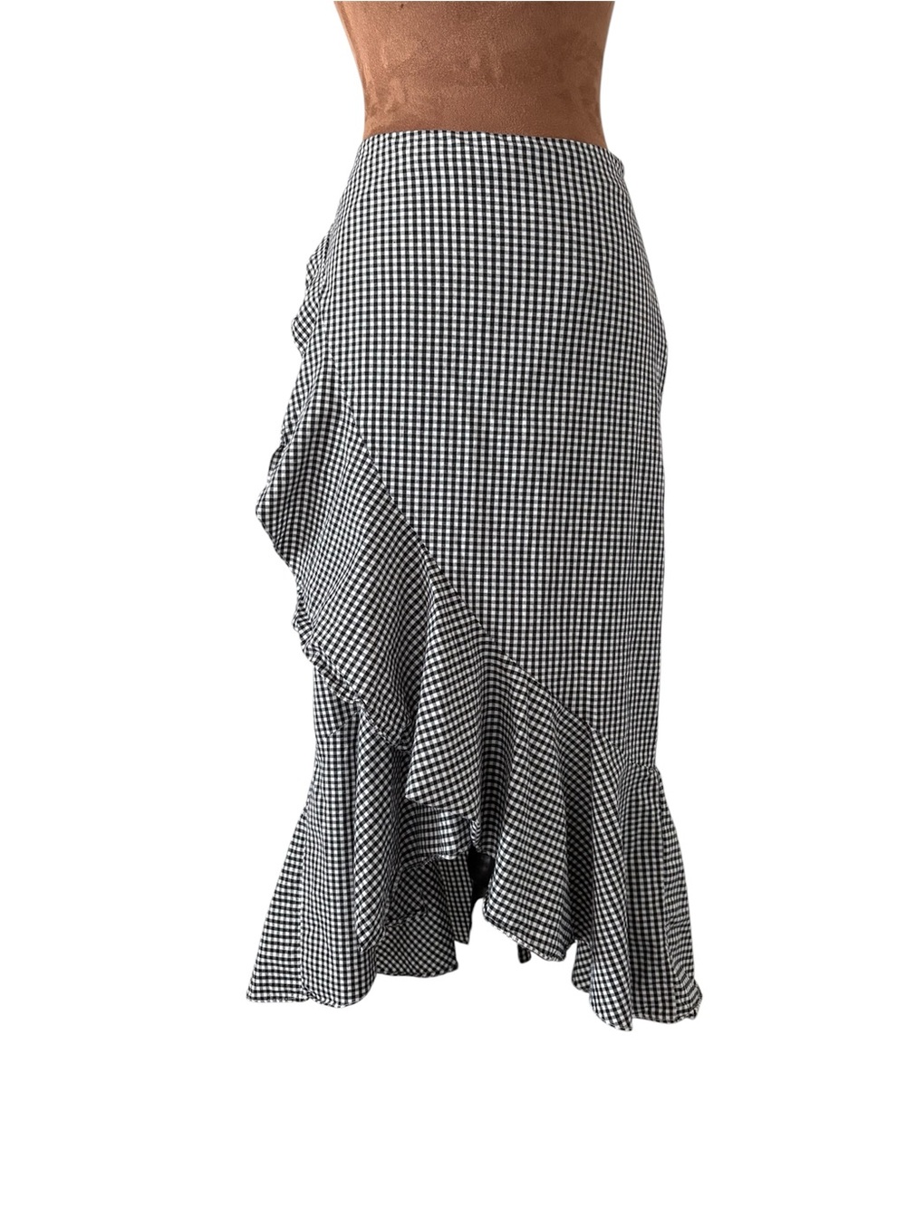 Soprano Gingham Asymmetrical Ruffle Midi Skirt Black White Cottagecore Boho S